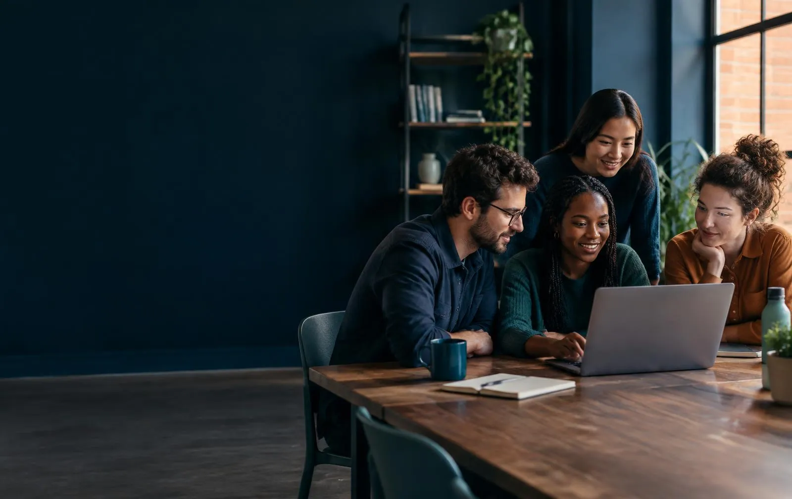 A team working together around a laptop